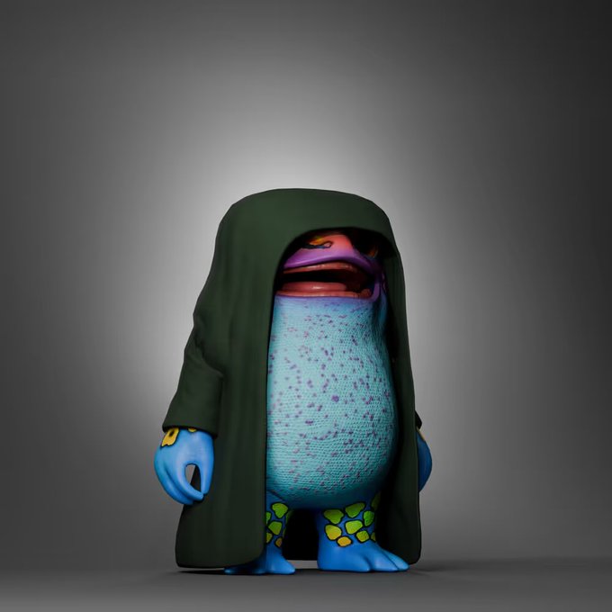 A 3D-rendered cartoonish character with a large mouth, wearing a dark green hooded cloak and a speckled blue outfit, standing against a gray background.
