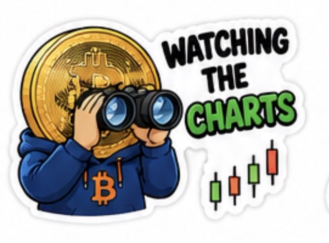 A cartoon Bitcoin character wearing a hoodie and holding binoculars with the text 'WATCHING THE CHARTS' alongside a candlestick chart.