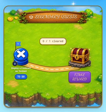 A mobile game-style interface showing a "Legendary Quests" screen with 0/1 cleared, featuring a treasure chest, a blue "X" marker indicating a task to deploy a contract on testnet (Legendary Quest 01), and a purple "Final Reward" button. The image visually represents the on-chain quest guide for earning 1,000 points by deploying a smart contract on the SVPChain L1 testnet.