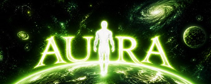 A glowing green graphic featuring a silhouetted figure standing above a planet, surrounded by galaxies, with the word 'AURA' superimposed.