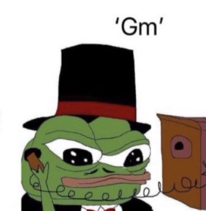 A Pepe the Frog meme wearing a top hat holding a cigar with the text "'Gm'" above it.