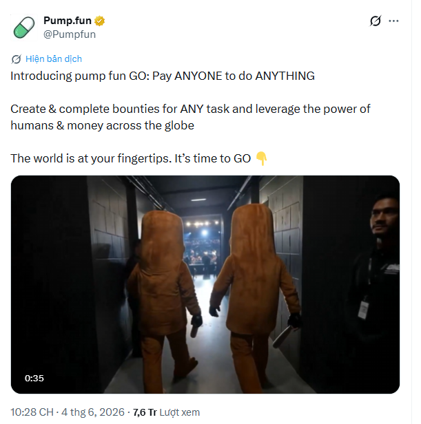 The image features two people dressed up as giant hot dogs walking down an alleyway with a caption that reads "PumpFun just launched a crazy app All you have to do is post a task and reward on here, and there will be bounty hunters ready to do it for you guys, even the craziest tasks This is a pretty strong boost for Pumpfun and it will create attraction for the project in a". The image also includes a link to the original post.