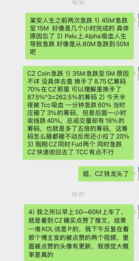 A Chinese-language chat conversation discussing $CZ token's three major price drops (from 45M to 15M, 80M to 50M, and 35M to 5M), analyzing whale wallet activities, CZ's 70% holdings, and Tcc dumping, with the user concluding that "CZ铁龙头了" (CZ is absolutely the leader), supporting the post's thesis about CZ being the core leader of the BSC narrative.