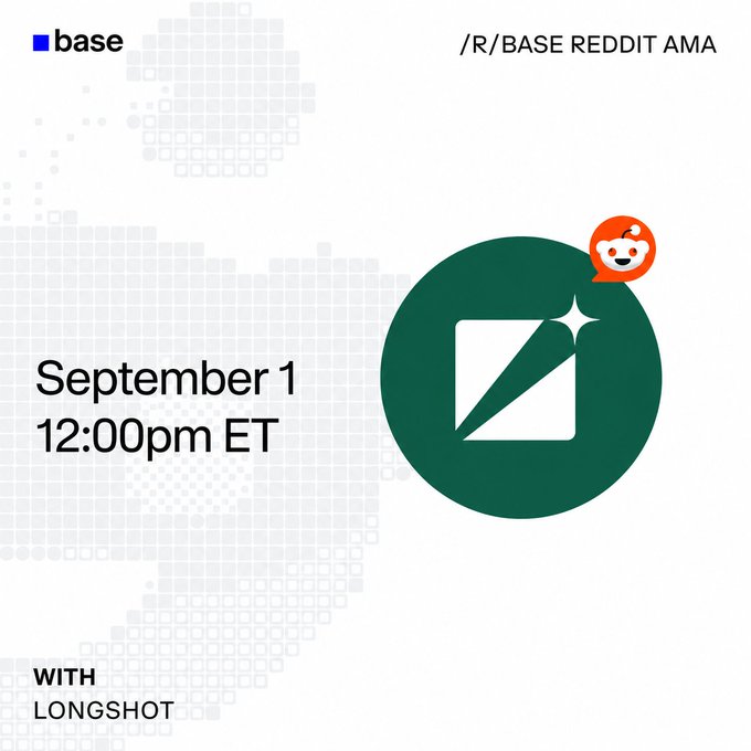 A promotional graphic for a /r/BASE Reddit AMA event scheduled for September 1 at 12:00pm ET, featuring the Base logo alongside the Reddit alien mascot and text indicating it will be hosted "WITH LONGSHOT."