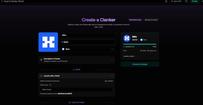 The image shows a "Create a Clanker" interface on Clanker World, displaying a token setup with the ticker "$BOOX," chain "Base," and a 100% Liquidity Pool allocation with 0% sniper tax, ready to deploy. This relates to the announcement of a fairlaunch on Clanker World, indicating the official platform being used to launch the BOOX token.