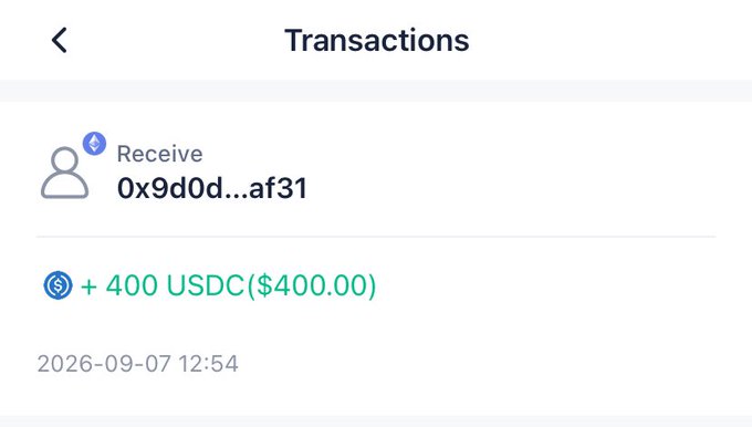 A mobile transaction screen showing a received amount of "+ 400 USDC($400.00)" from address "0x9d0d...af31" dated "2026-09-07 12:54".