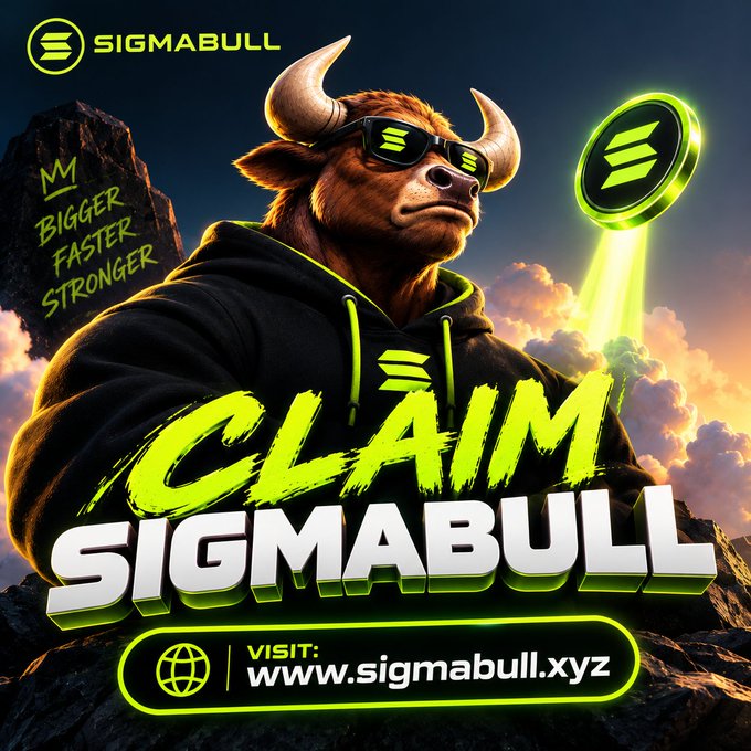 A stylized anthropomorphic bull wearing sunglasses and a black hoodie holds a glowing green $SIGMABULL coin against a sunset sky, with bold text reading "CLAIM SIGMABULL" and a call-to-action to "VISIT: www.sigmabull.xyz" alongside the tagline "MY BIGGER FASTER STRONGER." The image promotes a 1,000,000 $SIGMABULL airdrop presale event, visually reinforcing the project's bullish branding and directing users to claim their tokens via the provided Solana-based website.