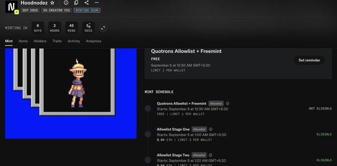 The image shows a mint page for "Hoodnodez" on what appears to be a 5% Creator Fee platform, with a countdown showing 0 days, 2 hours, 45 minutes, and 36 seconds until the mint begins. The schedule lists the "Qutrons Allowlist + Freemint" as free starting September 5 at 12:30 AM GMT+5:30 with a limit of 1 per wallet, while Allowlist Stages One and Two are priced at 0.04 ETH with a 3-per-wallet limit. This aligns with the post's details about the mint's supply (8,888), price (0.04 ETH), and 3-per-wallet limit, confirming the post's reference to the upcoming Hoodnodez mint.