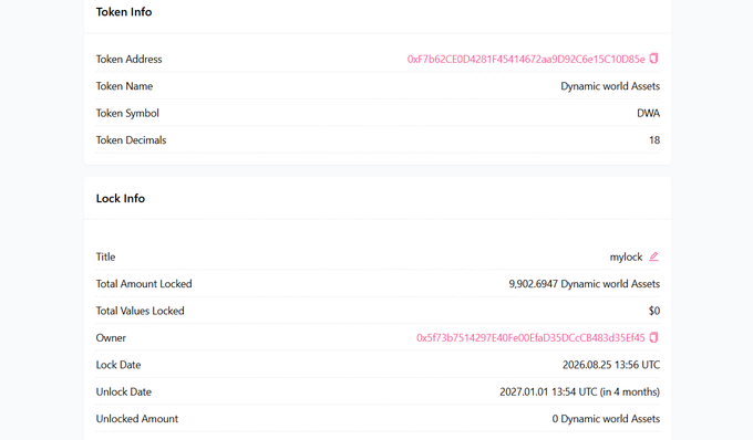 A token information dashboard showing details for 'Dynamic world Assets' (DWA), including token address, 18 decimals, and lock info indicating 9,902,6947 DWA locked with an unlock date of 2027.01.01.