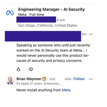 A LinkedIn screenshot showing an Engineering Manager - AI Security at Meta posting about security and privacy concerns with a Meta product, with a comment from Brian Wayman saying 'Never install anything from Meta'.