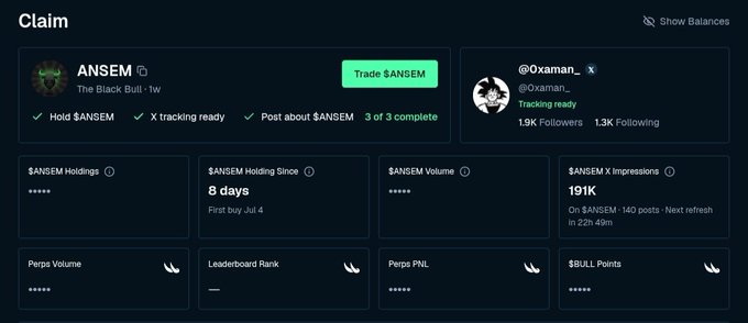A dashboard interface titled "Claim" displays statistics for the $ANSEM token, featuring a "Trade $ANSEM" button alongside social metrics for @Oxaman_X, with highlighted figures showing "$ANSEM X Impressions" at 191K (+140 since last refresh in 22h 49m) and "8 days" holding period, corresponding to the post's update on $ANSEM impressions reaching 191K.