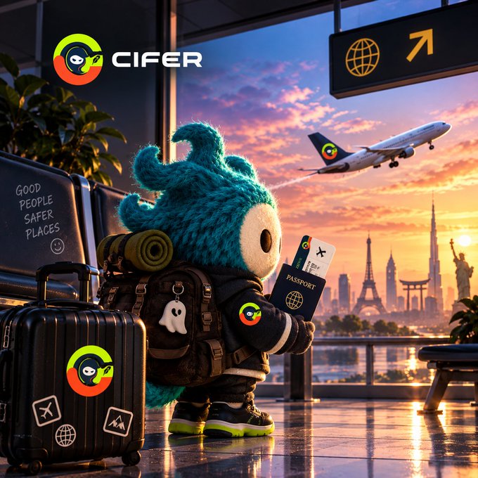 A digital illustration shows a small blue furry creature holding a passport and luggage, standing in an airport terminal with a logo reading 'CIFER' and the text 'GOOD PEOPLE SAFER PLACES' on a sign.