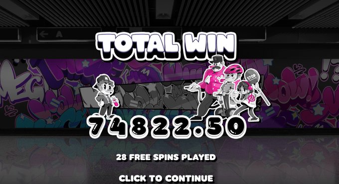 A video slot game result screen showing 'TOTAL WIN 74822.50' from '28 FREE SPINS PLAYED' with a 'CLICK TO CONTINUE' prompt, featuring animated characters against a graffiti-style subway background.