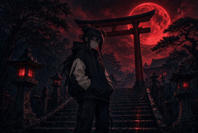 A dark, atmospheric anime illustration of a hooded character standing on stone stairs before a large torii gate under a blood-red moon, with glowing lanterns lining the path.