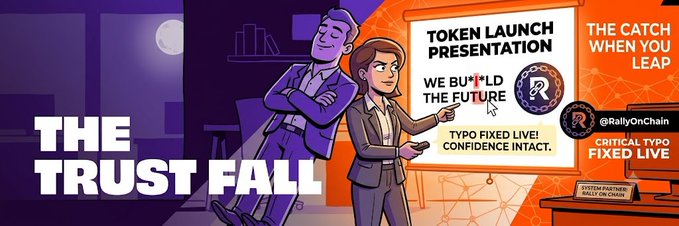 A banner for a YouTube video titled 'THE TRUST FALL' by @RallyOnChain, satirizing a token launch presentation with a typo.