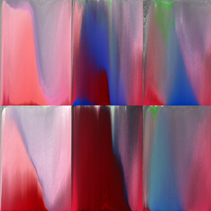 An abstract artwork composed of six rectangular panels featuring blended gradients of pink, red, blue, purple, and green hues with a metallic or pearlescent sheen.
