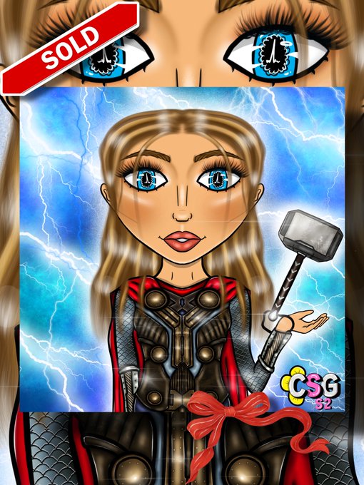 A digital illustration of a blonde, blue-eyed female character dressed like Thor holding Mjolnir, with a red 'SOLD' banner in the corner and a 'CSG 52' logo, presented as a NFT.