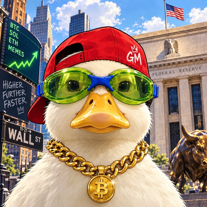 A digital illustration of a white duck wearing a red backwards cap, green reflective sunglasses, and a large gold chain with a Bitcoin pendant, set against a Wall Street background with a crypto ticker sign.