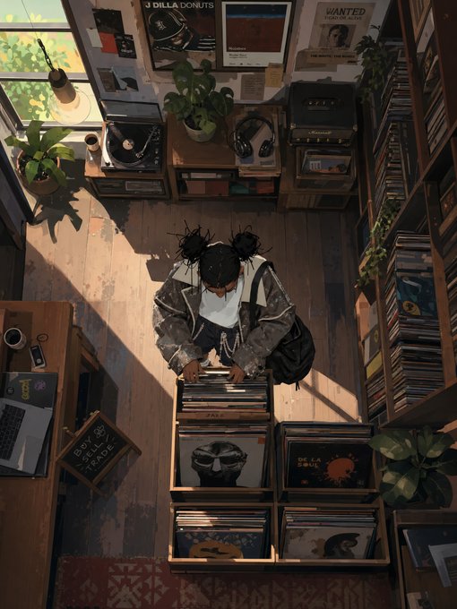 A person with braided buns browses through crates of vinyl records, including albums titled "FALL," "DE LA SOUL," and "J DILLA DONUTS," in a sunlit room filled with plants, a turntable, and shelves of music. The warm, nostalgic atmosphere perfectly captures the caption's vibe of a personal sanctuary where one can get lost in their love for music.