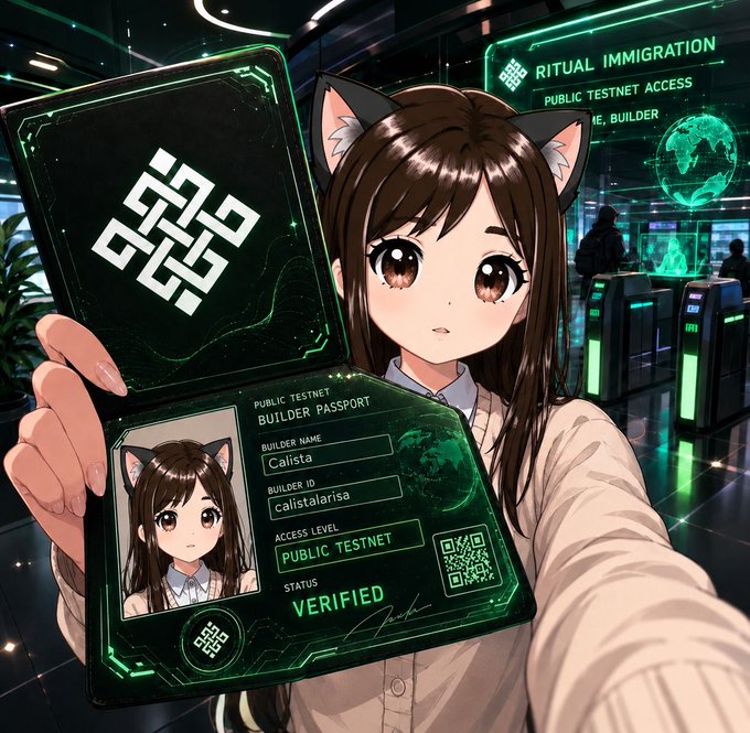 An anime-style girl with cat ears holds up a glowing green digital "Builder Passport" for the Ritual Public Testnet, displaying her Builder Name "Calista" and verified status, while the background shows the Ritual Immigration checkpoint. The image visually represents obtaining the required passport mentioned in the post before entering Public Testnet.