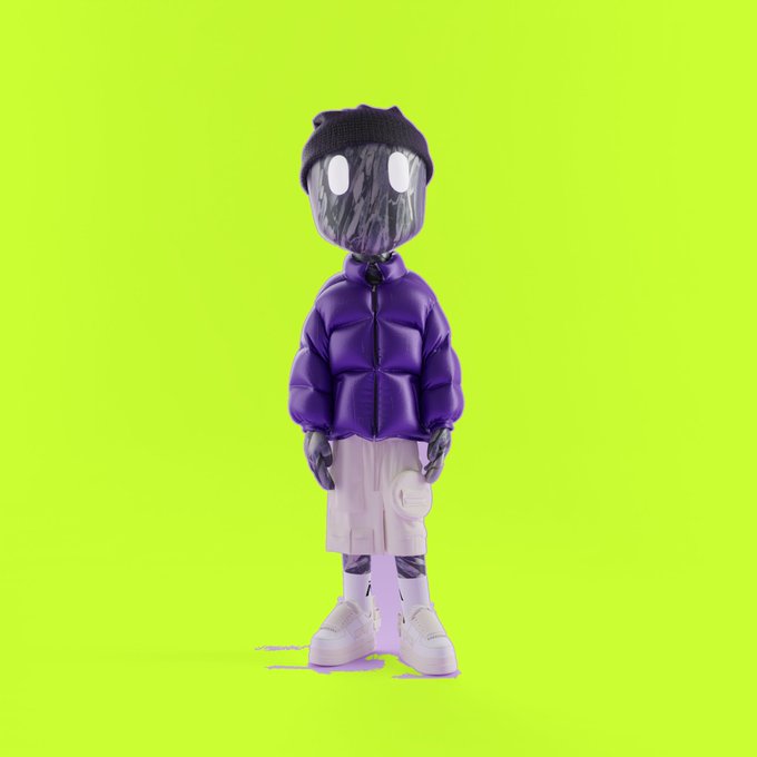A 3D-rendered character with a chrome-like face, wearing a purple puffer jacket, beanie, cargo shorts, and white sneakers, stands against a bright neon green background, complementing the upcoming NFT drop announcement by presenting a stylized avatar likely tied to the collection being teased on OpenSea.