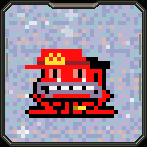 Pixel art style icon depicting a red and gray train/locomotive character with a yellow window detail, framed in a metallic border with a sparkly background.
