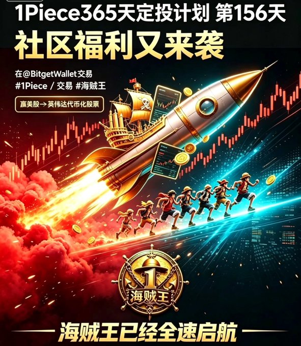 A promotional graphic in Chinese titled '1Piece365天定投计划 第156天' (1Piece 365-day fixed investment plan Day 156) featuring a rocket ship, treasure chest, stock charts, and a '1 海贼王' (Pirate King) emblem, advertising BitgetWallet trading and tokenized US stocks.