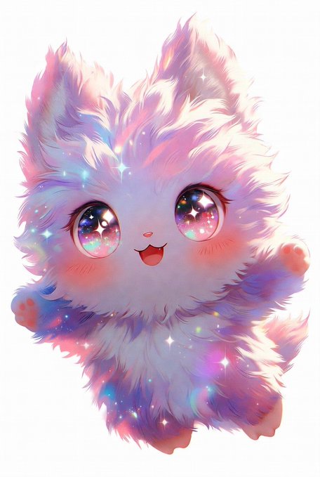 An illustration of a cute, fluffy pastel-colored creature with pink, purple, and blue hues, featuring large sparkling galaxy-patterned eyes and an open smiling mouth.