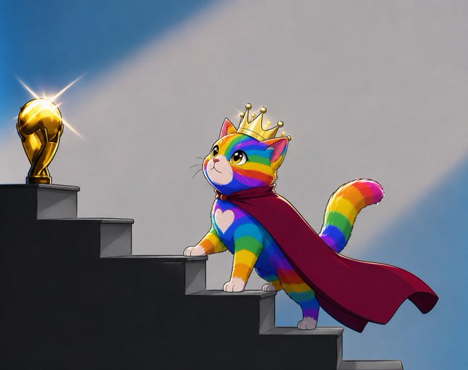 An illustration of a rainbow-striped cat wearing a gold crown and a red cape, walking up stone stairs toward a golden World Cup trophy under a bright light.