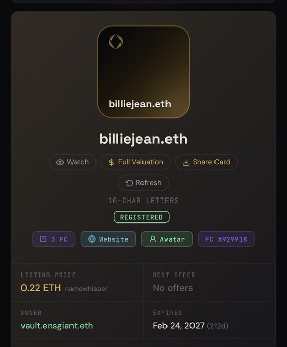 A profile page for the ENS domain 'billiejean.eth' showing it is registered, with a listing price of 0.22 ETH and an expiration date of Feb 24, 2027.