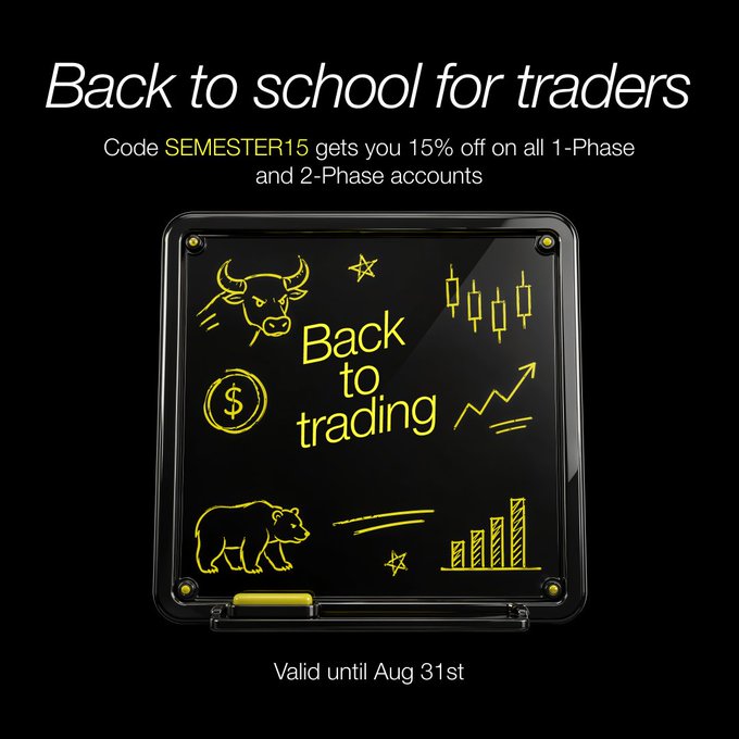 A promotional graphic reading 'Back to school for traders' offering 15% off with code SEMESTER15 on accounts, valid until Aug 31st.