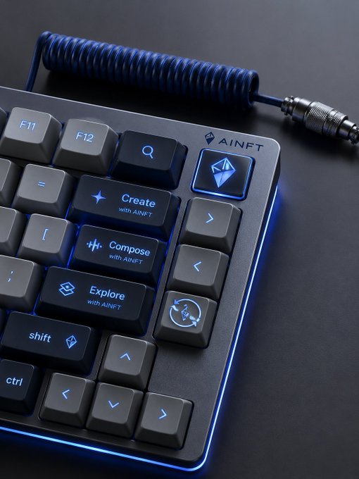 A sleek mechanical keyboard features custom keycaps labeled "Create with AINFT," "Compose with AINFT," and "Explore with AINFT," alongside a diamond logo, symbolizing AINFT's AI-powered creative and trading capabilities for the TRON ecosystem. The image visually reinforces the post's message about AINFT AgenTX's intelligent tools enhancing the DeFi experience on TRON.