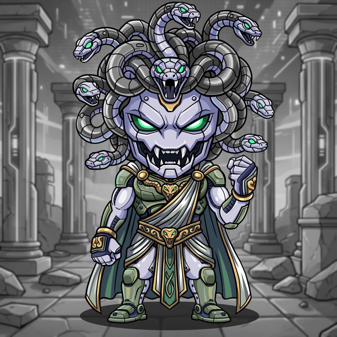 A cartoon Medusa-like character with a snake-haired head and green glowing eyes stands in a toga-style outfit in front of stone pillars.