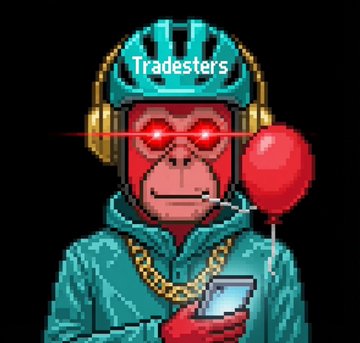 A pixel art image of a red monkey wearing a teal hoodie, headphones, and a gold chain, holding a red balloon and a smartphone, with the word "Tradesters" on its helmet.