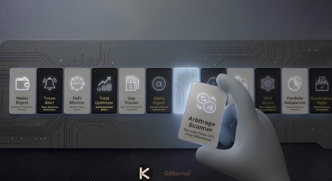 The image shows a hand holding up a white card with an arrow pointing towards the word "Arbitrage". The card has a list of options, including Arbitrage Scanner, Arbitrage Opportunities, Arbitrage Calculator, Arbitrage Strategy, Arbitrage Trading, and Arbitrage Monitoring. These options are related to the concept of arbitrage trading in the financial world.