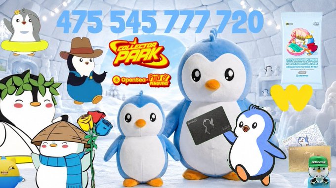 A promotional image for 'Pudgy Penguins' featuring various penguin characters, a large number '475 545 777 720', and logos for OpenSea and Collector Park.