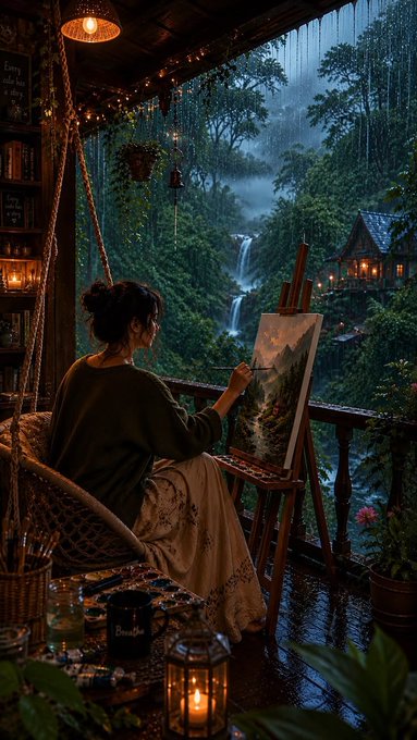 A digital painting of a woman sitting in a hanging chair painting on an easel while overlooking a misty waterfall from a cozy cabin porch.