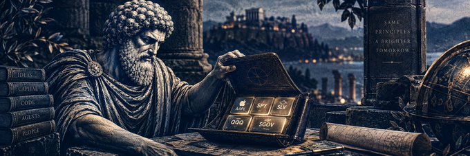 A digital artwork depicting a classical Roman/Greek statue holding a golden laptop displaying Apple-inspired icons (APPS, SPY, SLV, OOD, SGOV), with books labeled 'IDEAS', 'CAPITAL', 'CODE', 'AGENTS', 'PEOPLE' and an inscription reading 'SAME PRINCIPLES A BRIGHTER TOMORROW'.