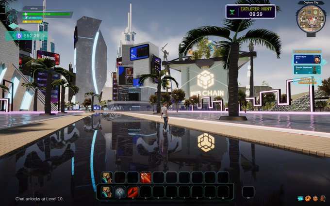 The image shows a cityscape with tall buildings, palm trees, and people walking around. There are two large buildings visible in the scene, one of which has a neon sign that says "CHAIN". The sky above appears to be cloudy, creating an urban atmosphere. A person is standing on a sidewalk near a body of water, possibly enjoying the view or going about their day.