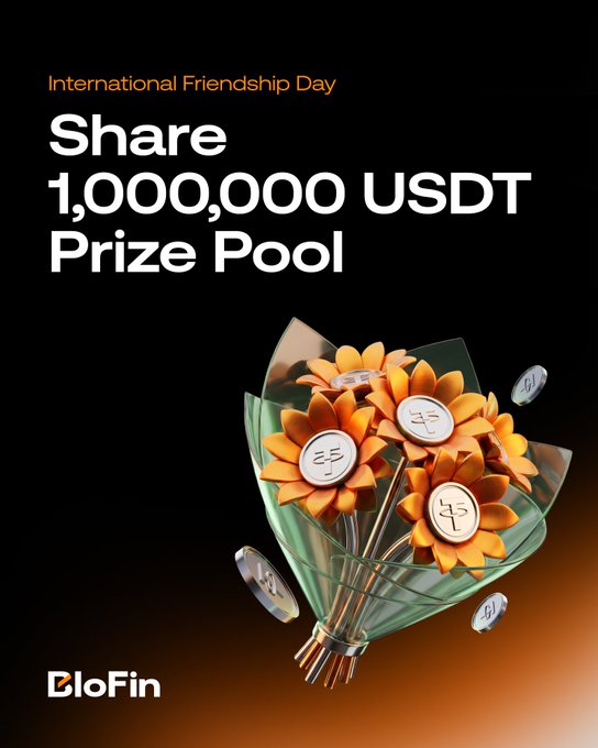 A BloFin promotional graphic for International Friendship Day featuring a bouquet of sunflowers and USDT coins, with text announcing a "Share 1,000,000 USDT Prize Pool" event that aligns with the campaign rewarding users for completing demo trading tasks by July 30.