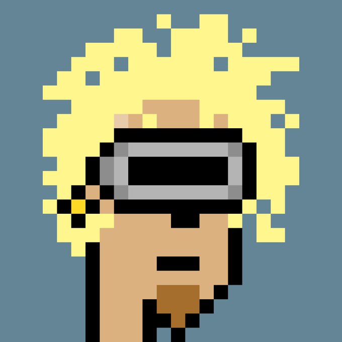 A pixel art portrait of a person with blonde hair wearing a black VR headset against a blue-gray background.