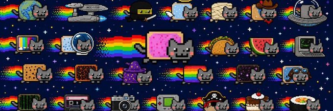 A pixel-art collage features rows of Nyan Cat cats streaming rainbow trails against a starry background, with each cat creatively styled as iconic cultural objects—including a U.S.S. Enterprise starship, an AT-AT, a taco, watermelon, a Game Boy, a camera, and sushi, with one prominently labeled "NAYAN" on its body. The image ties into the post by visually representing the playful, internet-culture-driven branding of the $NAYAN token, a Solana project using a recognizable meme identity to build early community attention.