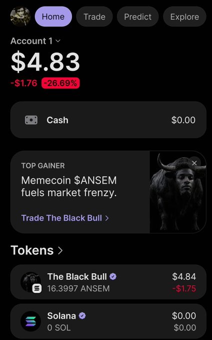 The screenshot shows a trading portfolio with $4.83 total value (-26.69%), holding "The Black Bull" ($ANSEM) at $4.84 with a $1.75 loss, paired with a post about holding a small bag of $ANSEM while hoping for a large airdrop from @blknoiz06—visually capturing the "small bags" mentioned in the caption.