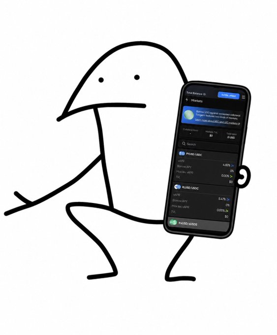 A simple black-and-white line drawing of a stick figure looking at a smartphone displaying a crypto wallet interface with markets for PYUSD USDC and RLUSD USDC tokens.