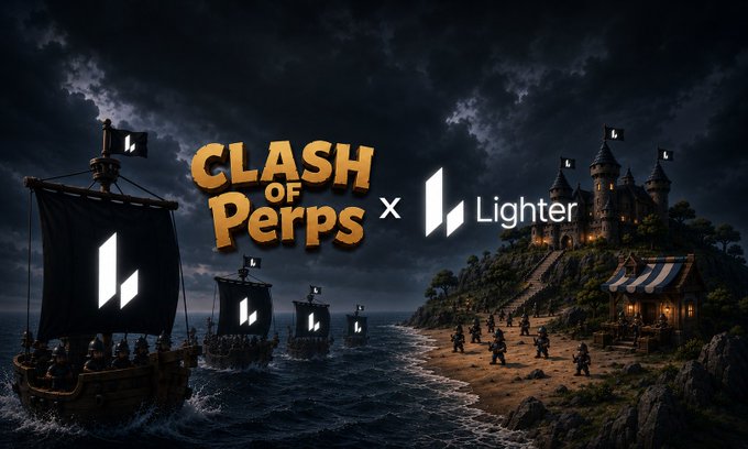 A dramatic nighttime scene shows pirate ships bearing the Lighter logo approaching a castle shoreline, with the "CLASH of Perps x Lighter" partnership text prominently displayed between them, visually representing the raid and trading theme of the collaboration announced in the post.