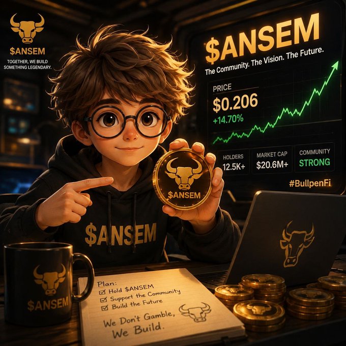 A promotional image for '$ANSEM' cryptocurrency featuring a cartoon boy with glasses holding a branded coin, with text 'TOGETHER, WE BUILD SOMETHING LEGENDARY' and stats showing a price of $0.206 and market cap of $20.6M+.