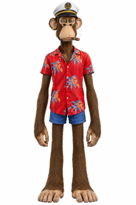 A 3D-rendered tall monkey character dressed in a captain's hat, a red Hawaiian shirt with pineapple patterns, and blue shorts, smoking a cigar against a white background.
