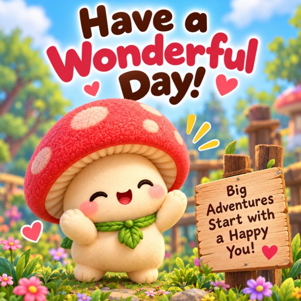 A cheerful cartoon mushroom character with a smiling face stands in a garden, with text reading 'Have a Wonderful Day!' and 'Big Adventures Start with a Happy You!' on a wooden sign.