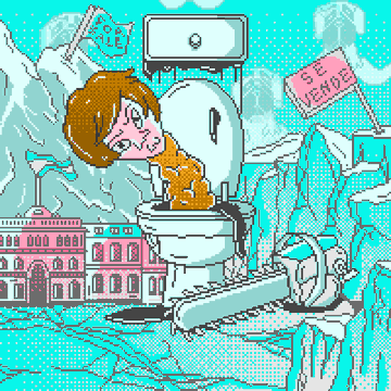 A pixelated illustration depicts a person with brown hair sitting on a toilet outdoors, with a sign reading 'SE VIERGE' to the right and a pink building in the background.