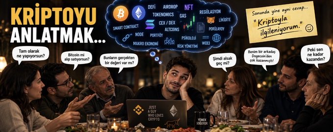 A group of five friends sits around a dinner table, with speech bubbles above them asking crypto-related questions like "Tam olarak ne yapıyorsun?" (What exactly do you do?), "Bitcoin mi alıp satıyorsun?" (Are you buying and selling Bitcoin?), and "Simdi alusak gece mi?" (Should we buy now at night?). Above them, a thought cloud displays crypto terminology including "Bitcoin," "DeFi," "NFT," "Smart Contract," and "Altcoin," while a sticky note reads "Sonunda yine aynı cevap... 'Kriptoyla ilgileniyorum.' ☺" — humorously illustrating how a crypto enthusiast struggles to explain their work at family dinners.